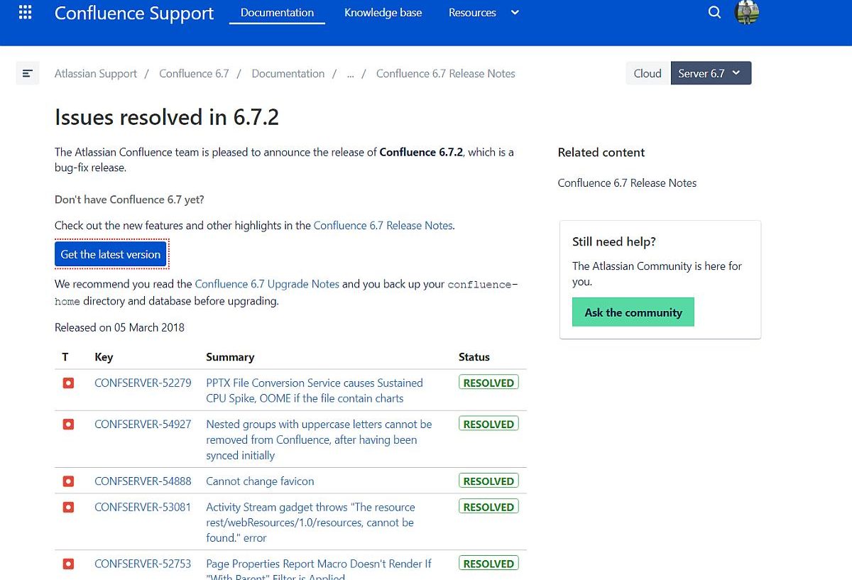 Confluence Server v6.7.2 Fehlerbehebungsupdate erschienen