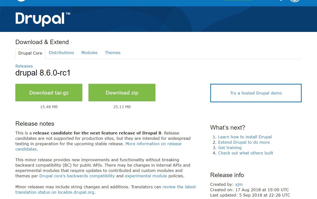 Upgrade auf Drupal 8.6.0 RC1 mit Erfolg gelungen